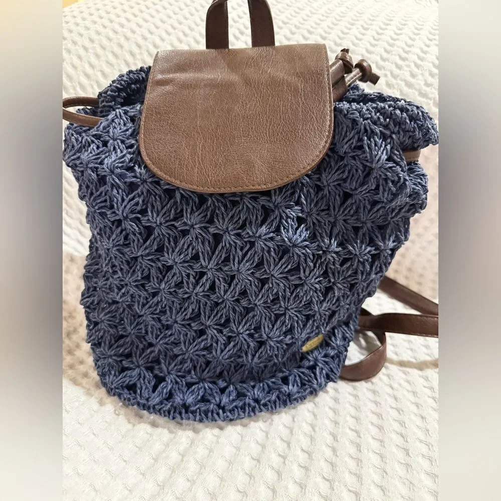 Cappelli Straworld Navy Crochet Toyo Backpack with Brown Leather Accents